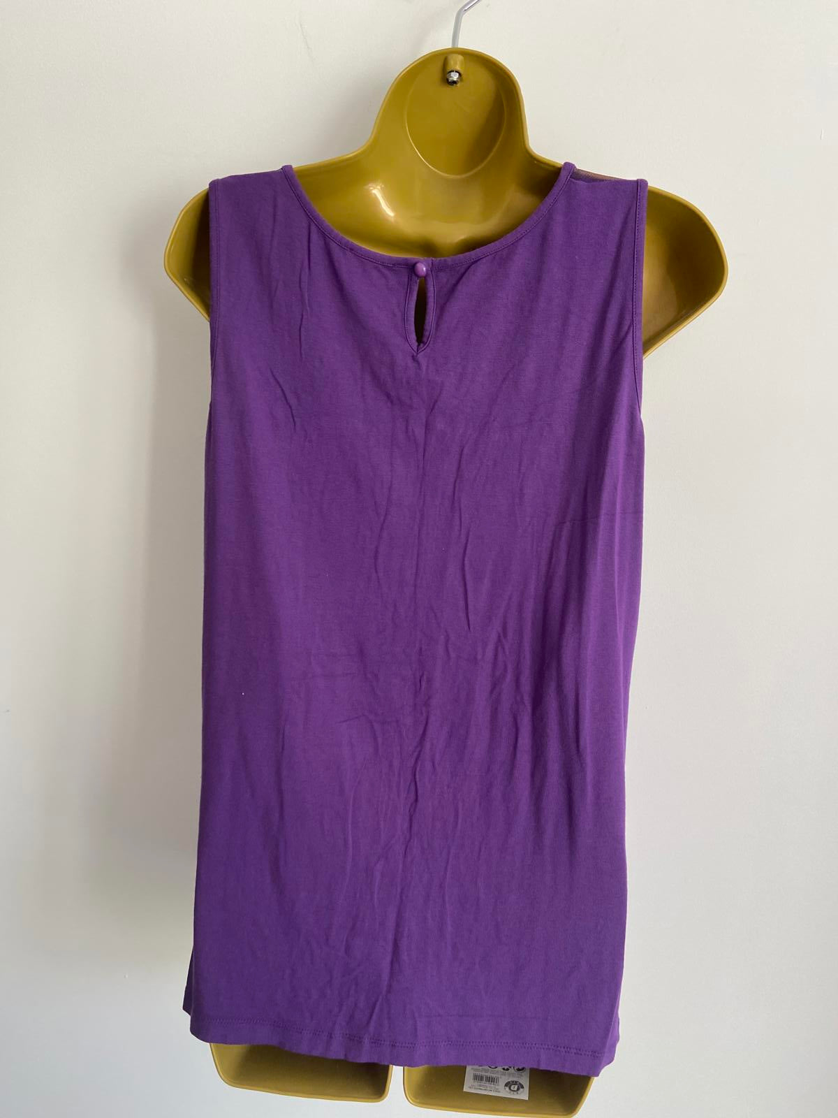 Soon Size 14 Purple Sleeveless Top Sheer Mesh Floral Embellished Neckline