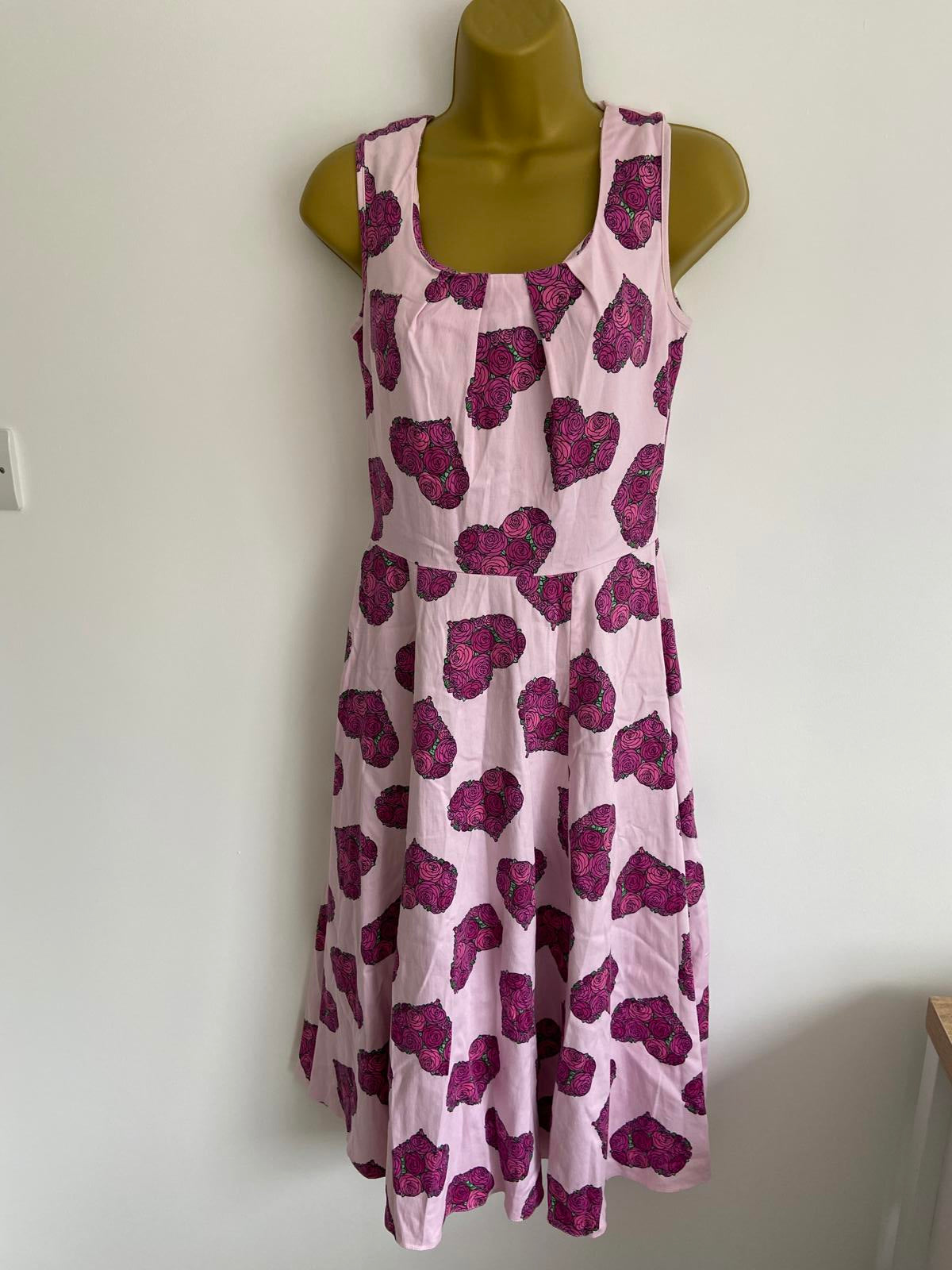 Lady Vintage Size 10 Pink Rose Heart Print Dress A-Line