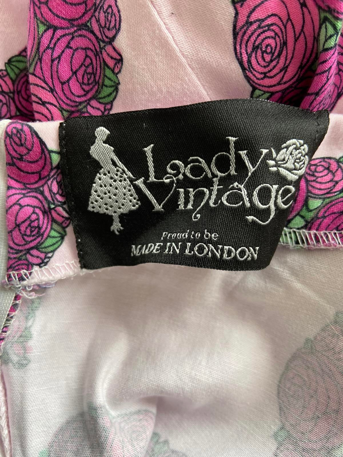 Lady Vintage Size 10 Pink Rose Heart Print Dress A-Line