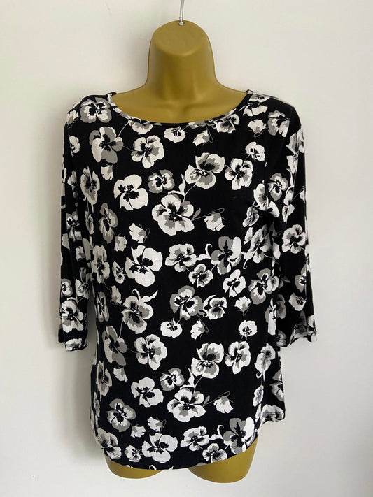 George Size 10 Black & White Pansy Floral Top 3/4 Sleeve Button Back Blouse