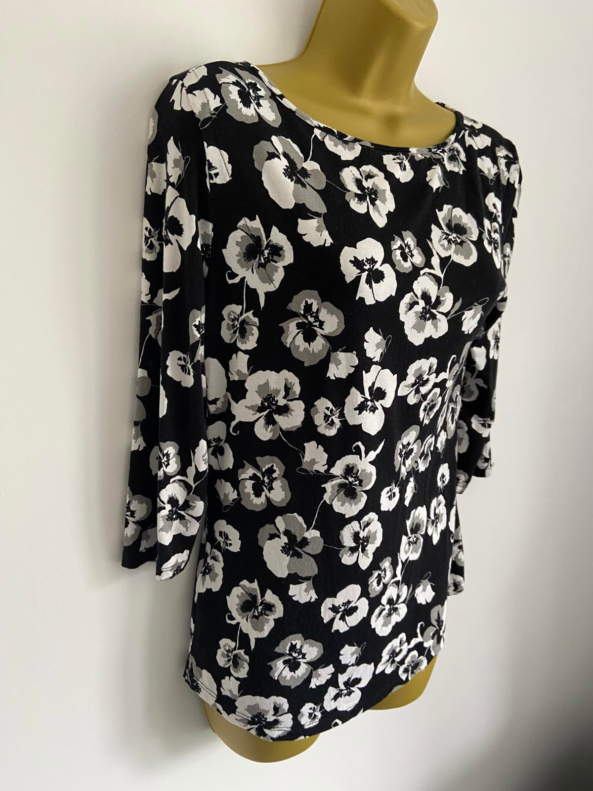 George Size 10 Black & White Pansy Floral Top 3/4 Sleeve Button Back Blouse