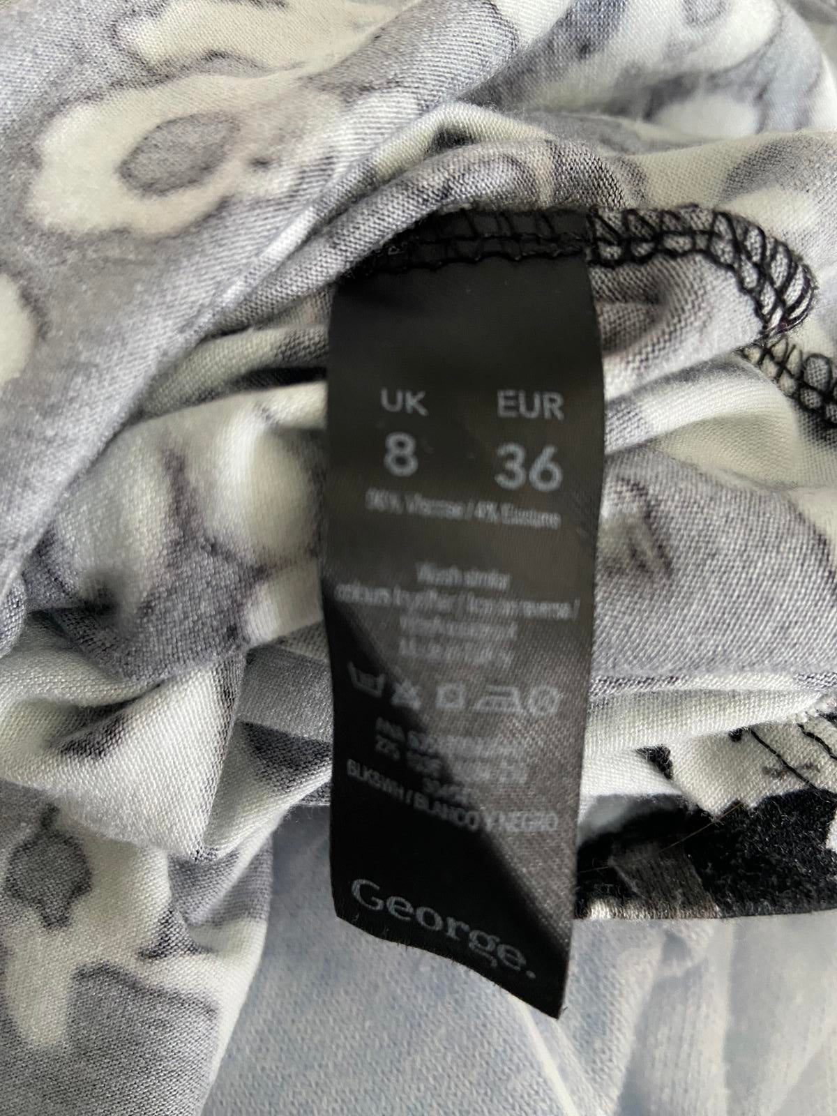 George Size 8 Black & White Floral Print Short Sleeve Stretchy Mini Midi Dress