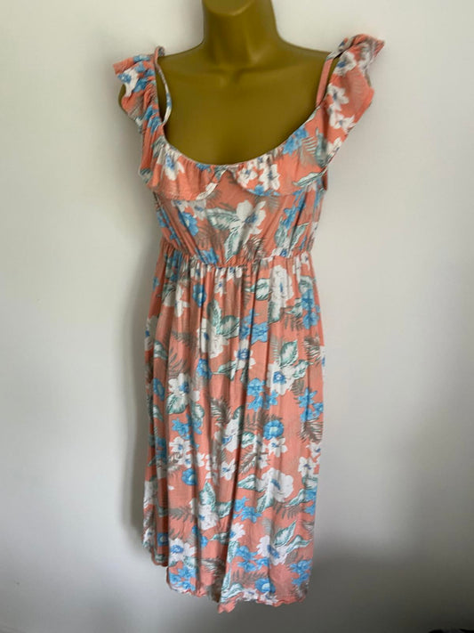 New Look Maternity Size 10 Orange Floral Off Shoulder Frill Midi Summer Dress