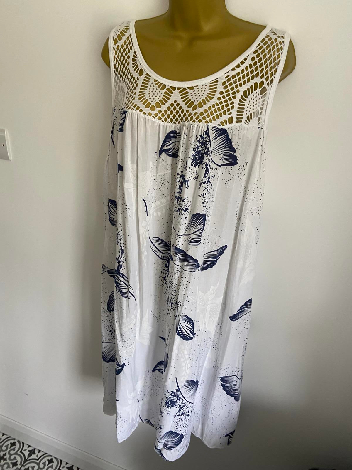 Blue & White Floral Nightdress Sleeveless Lace Detail Nightwear Large