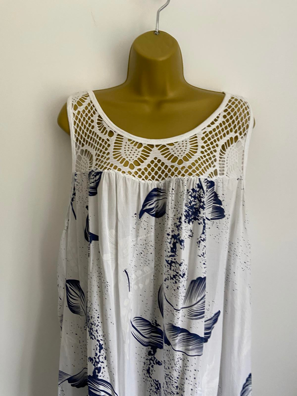 Blue & White Floral Nightdress Sleeveless Lace Detail Nightwear Large