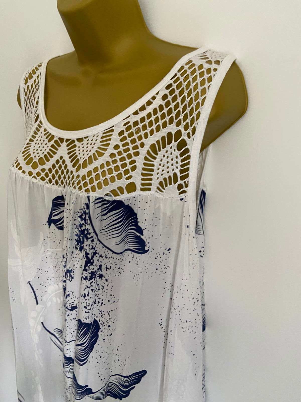 Blue & White Floral Nightdress Sleeveless Lace Detail Nightwear Large