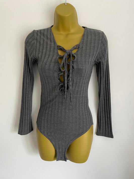 Boohoo Size 8 Grey Lace Up Front Bodysuit Long Sleeve Stretchy Jersey Top