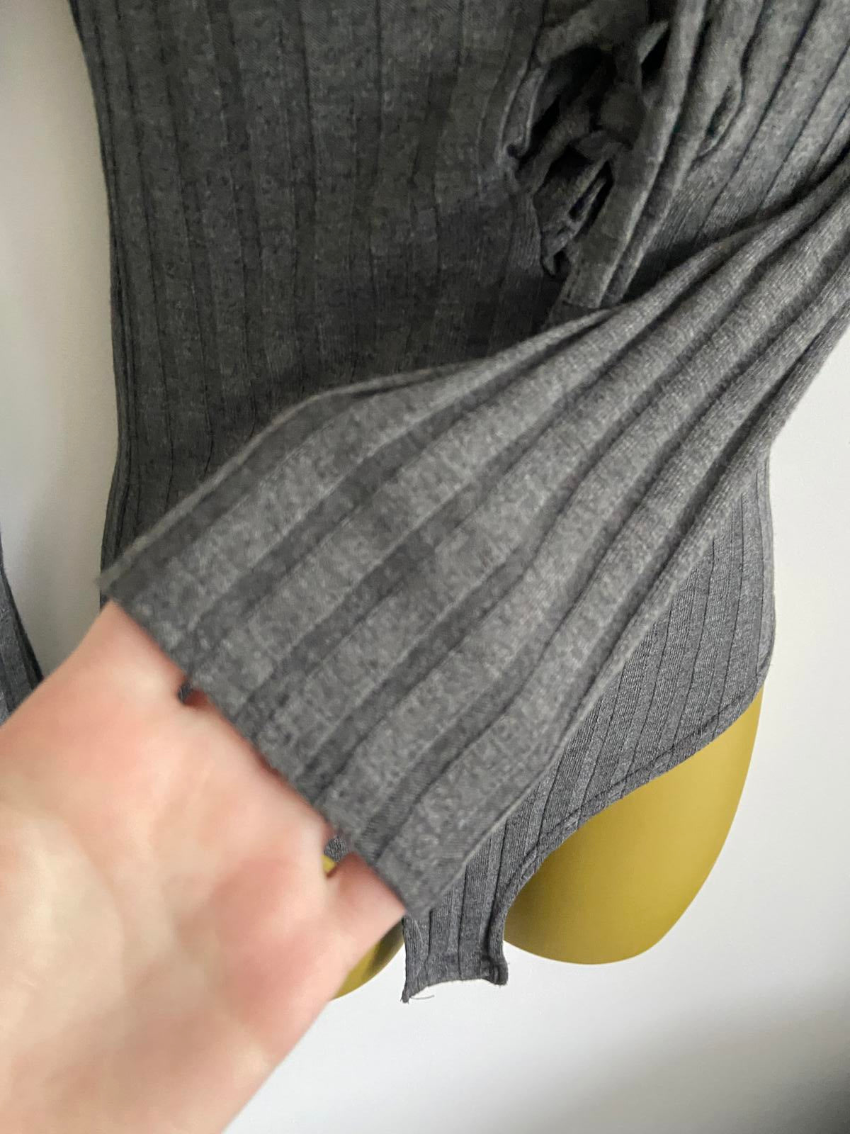 Boohoo Size 8 Grey Lace Up Front Bodysuit Long Sleeve Stretchy Jersey Top