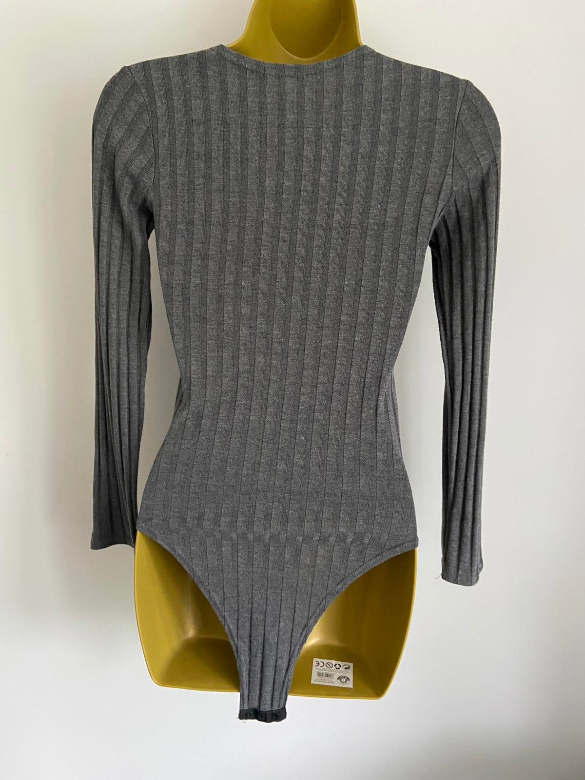 Boohoo Size 8 Grey Lace Up Front Bodysuit Long Sleeve Stretchy Jersey Top