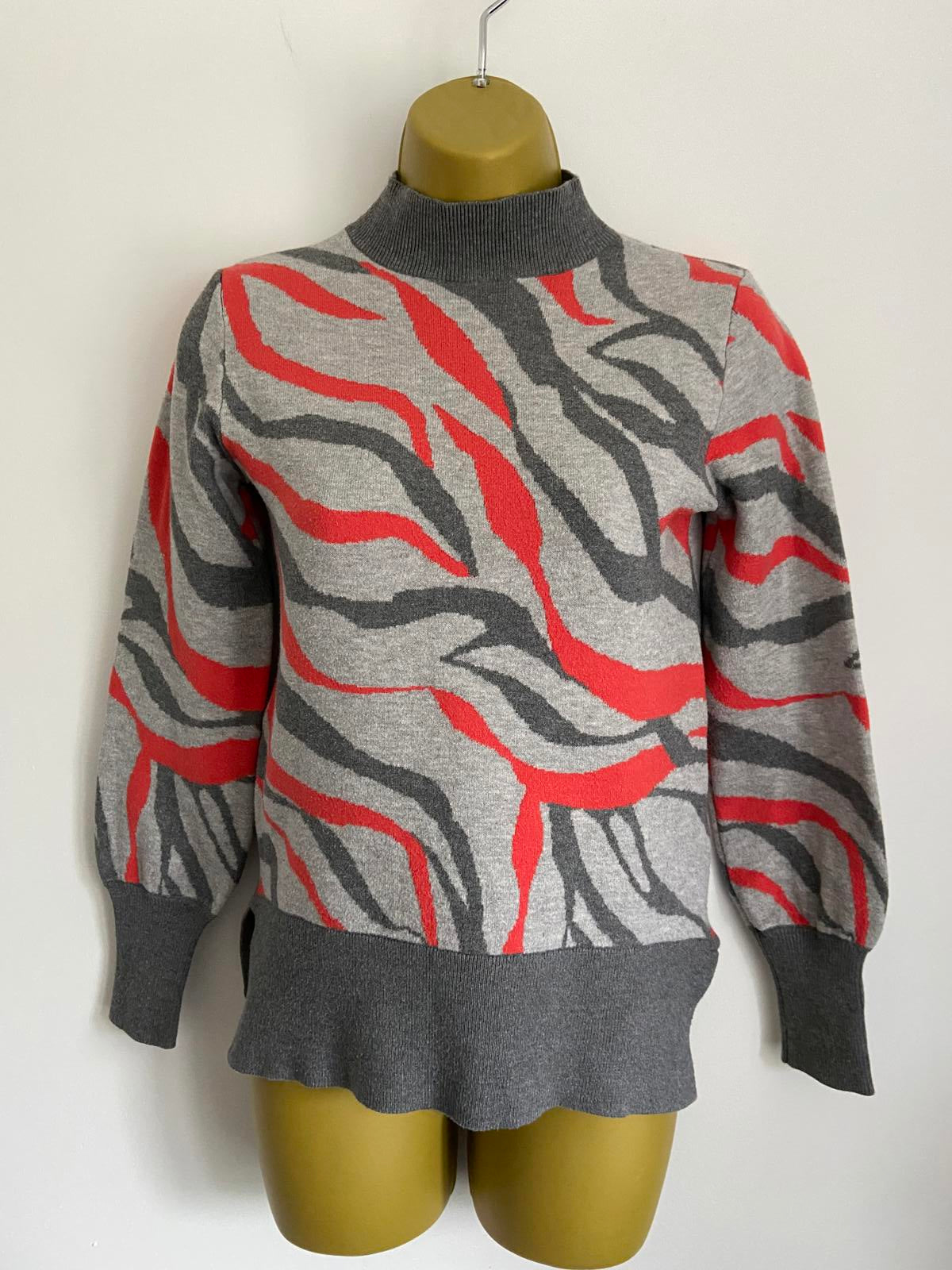 M&S Collection Size XS Zebra Print Jumper Grey & Red High Neck Knit Sweater
