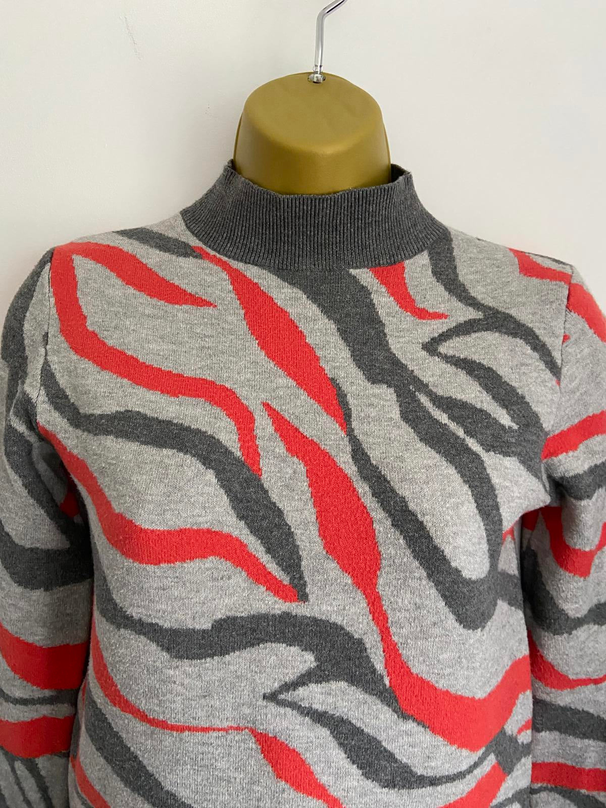M&S Collection Size XS Zebra Print Jumper Grey & Red High Neck Knit Sweater