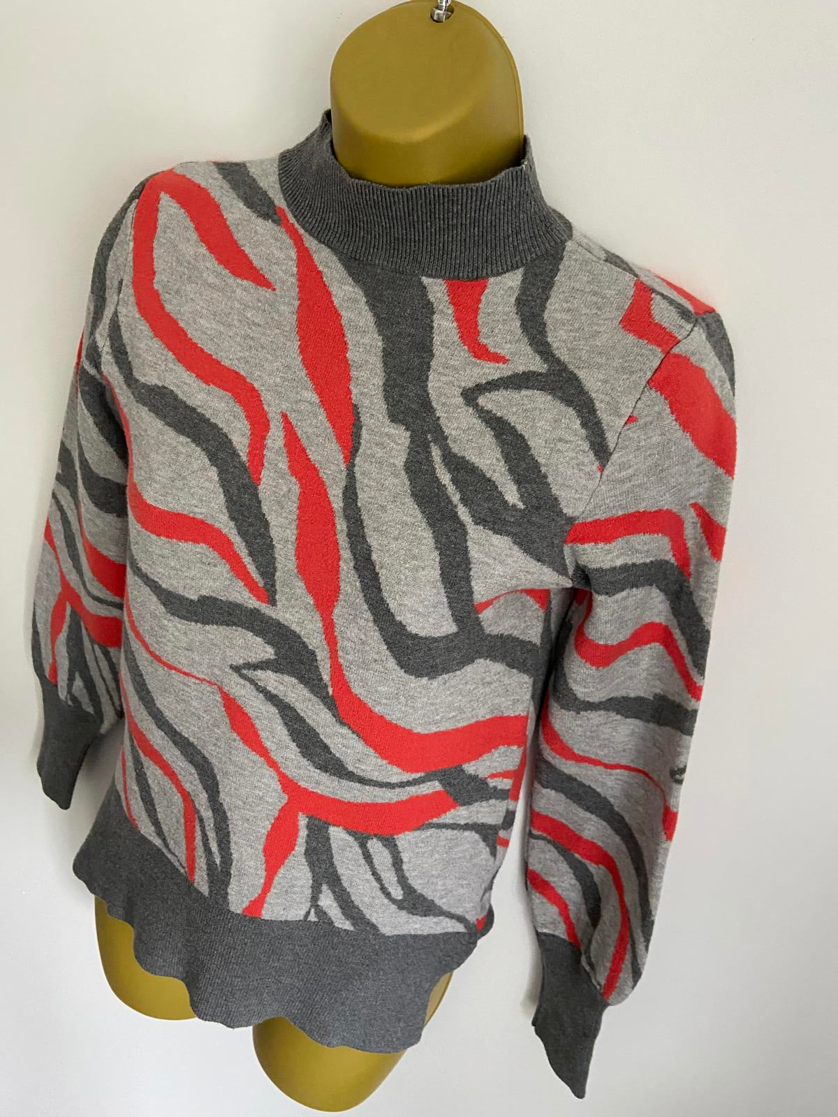 M&S Collection Size XS Zebra Print Jumper Grey & Red High Neck Knit Sweater