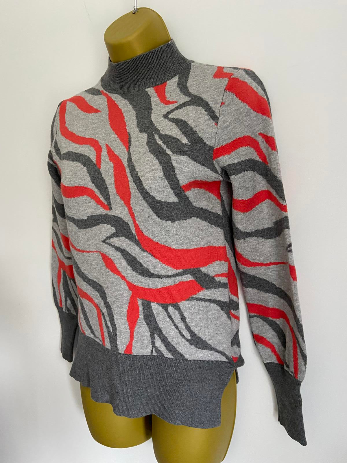 M&S Collection Size XS Zebra Print Jumper Grey & Red High Neck Knit Sweater