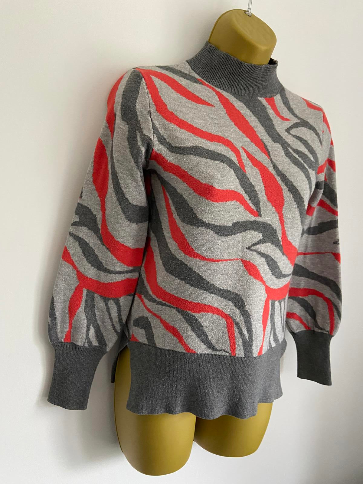 M&S Collection Size XS Zebra Print Jumper Grey & Red High Neck Knit Sweater