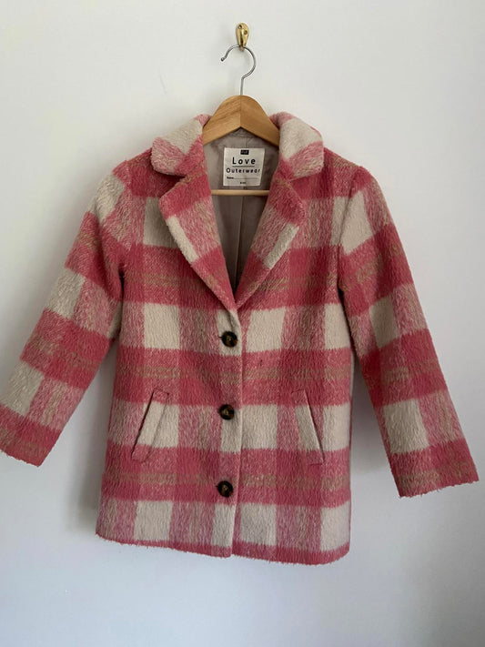 F&F Girls Age 9-10 Pink & Cream Check Smart Wool Blend Coat Soft Winter Jacket