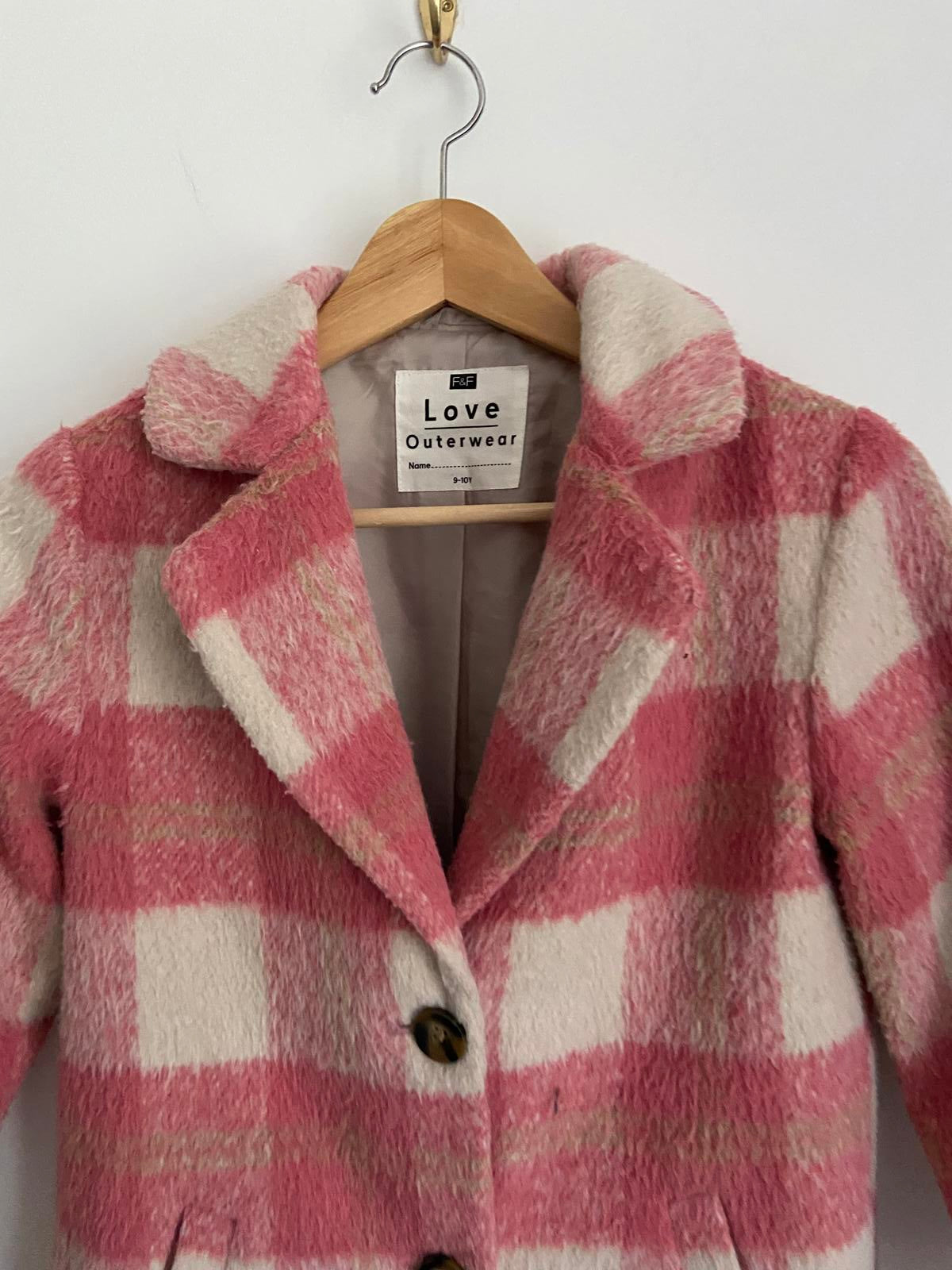 F&F Girls Age 9-10 Pink & Cream Check Smart Wool Blend Coat Soft Winter Jacket