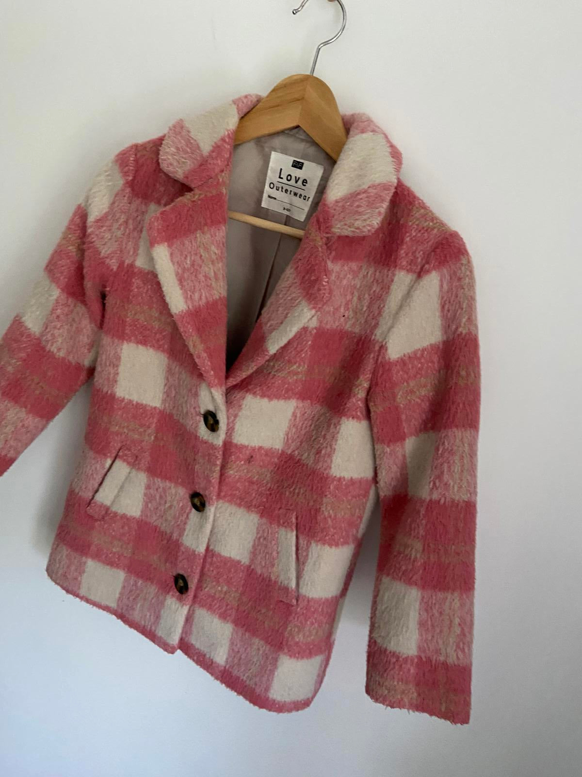 F&F Girls Age 9-10 Pink & Cream Check Smart Wool Blend Coat Soft Winter Jacket