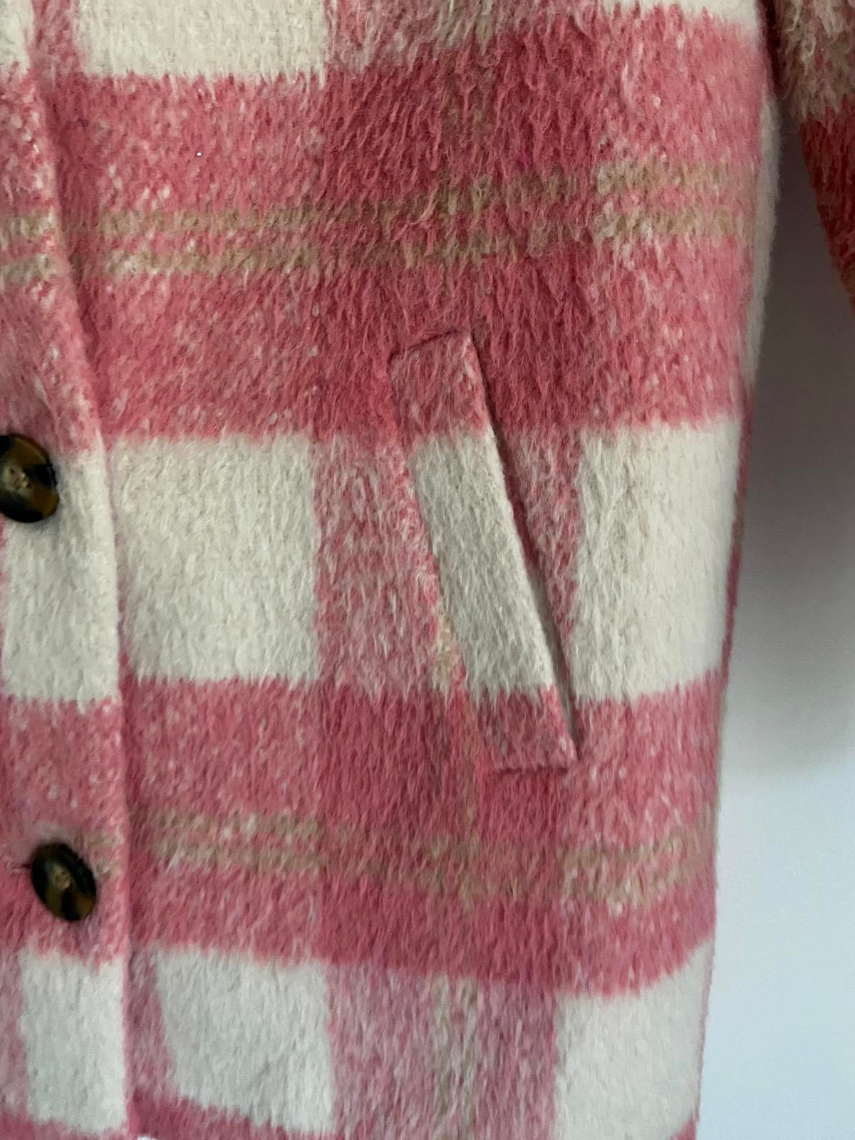 F&F Girls Age 9-10 Pink & Cream Check Smart Wool Blend Coat Soft Winter Jacket