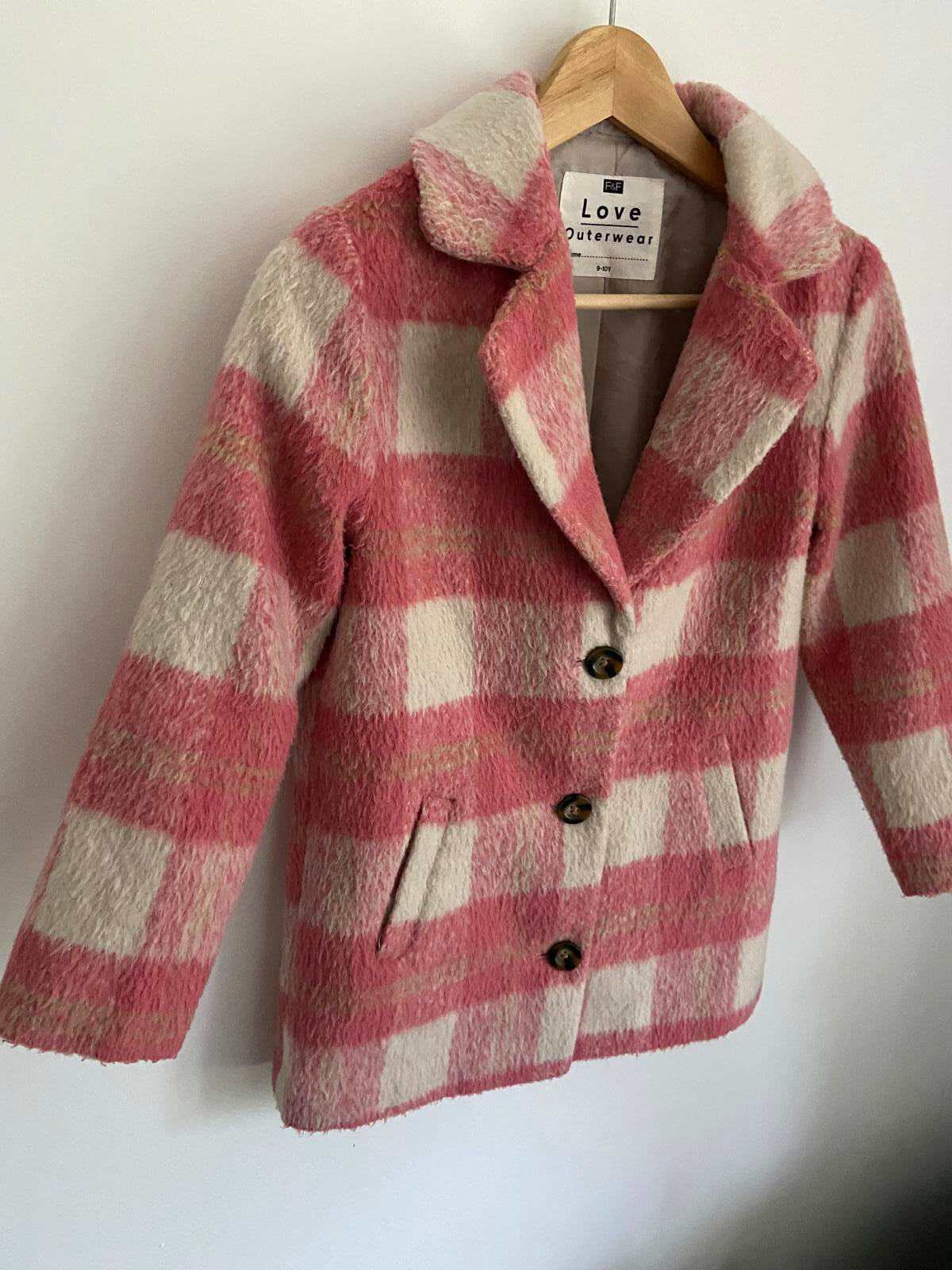 F&F Girls Age 9-10 Pink & Cream Check Smart Wool Blend Coat Soft Winter Jacket
