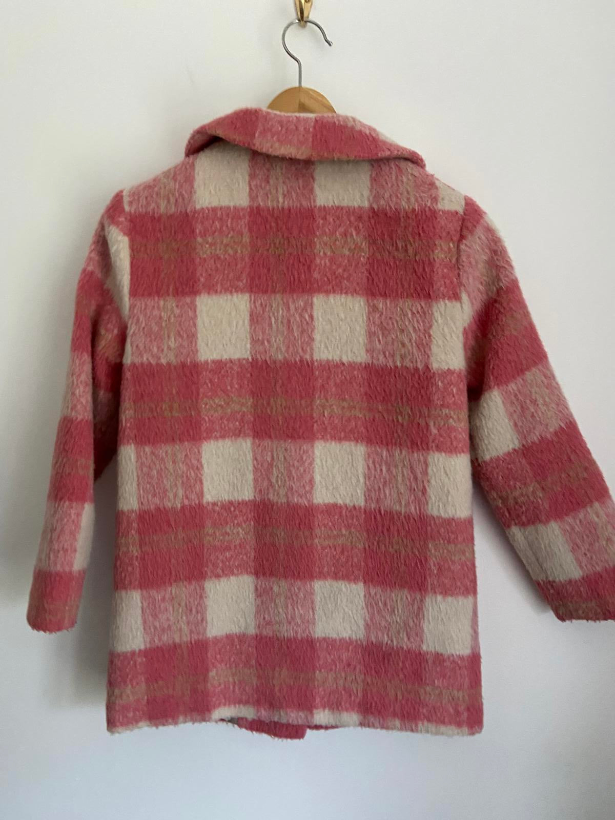 F&F Girls Age 9-10 Pink & Cream Check Smart Wool Blend Coat Soft Winter Jacket