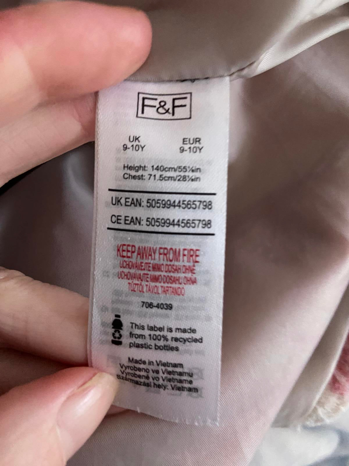 F&F Girls Age 9-10 Pink & Cream Check Smart Wool Blend Coat Soft Winter Jacket