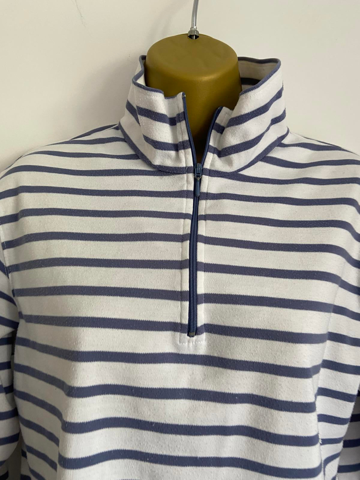 Blue & White Nautical Striped Quarter Zip Sweatshirt Fits UK 14-16 Pullover