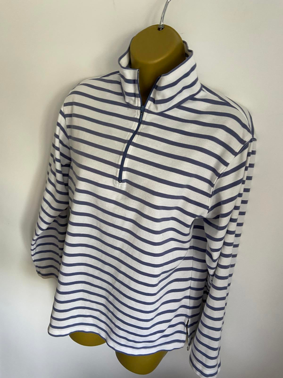 Blue & White Nautical Striped Quarter Zip Sweatshirt Fits UK 14-16 Pullover