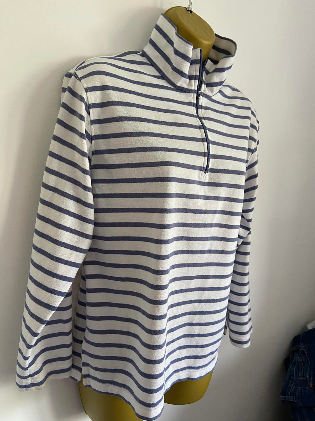 Blue & White Nautical Striped Quarter Zip Sweatshirt Fits UK 14-16 Pullover