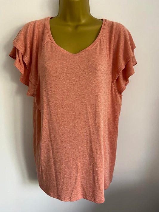Next Size 14 Peach Pink Metallic Gold Knit T-Shirt Ruffle Double Layer Sleeve