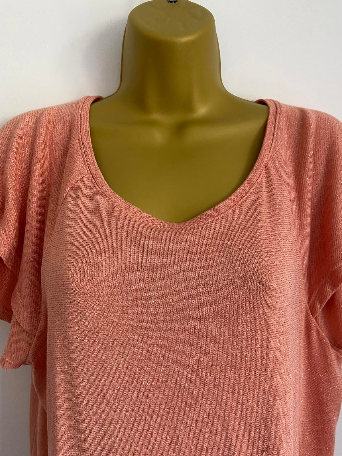 Next Size 14 Peach Pink Metallic Gold Knit T-Shirt Ruffle Double Layer Sleeve