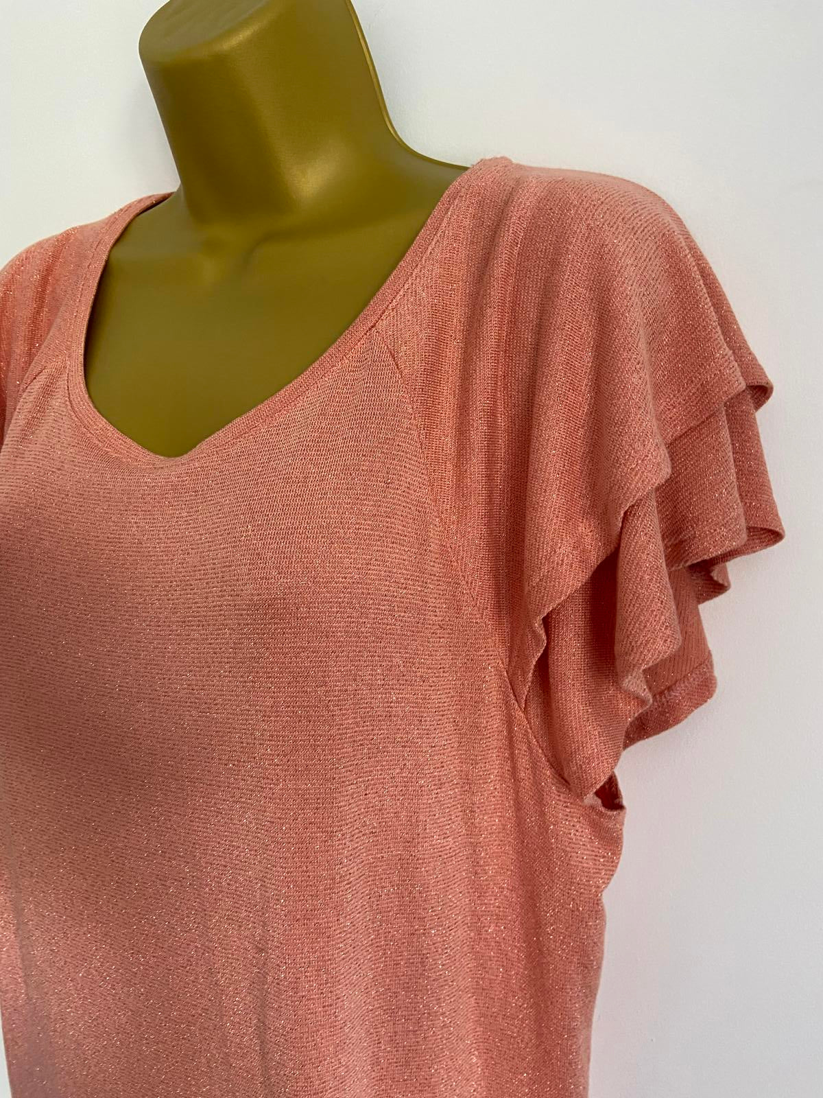 Next Size 14 Peach Pink Metallic Gold Knit T-Shirt Ruffle Double Layer Sleeve