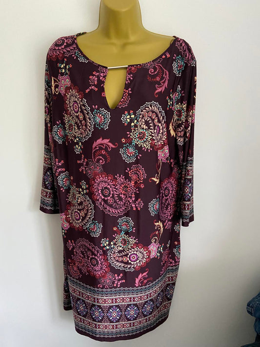 Atmosphere Size 18 Purple Paisley Floral Shift Dress 3/4 Sleeve Keyhole Neck