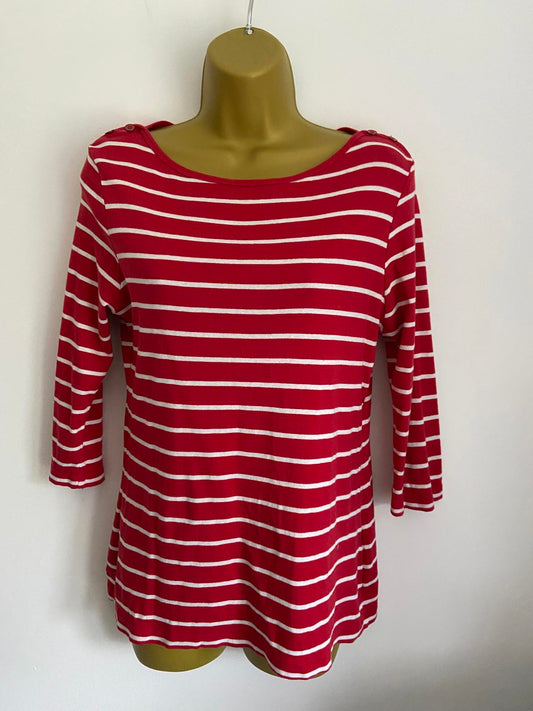 Peacocks Size 14 Red & White Striped 3/4 Sleeve Top Button Shoulder Nautical