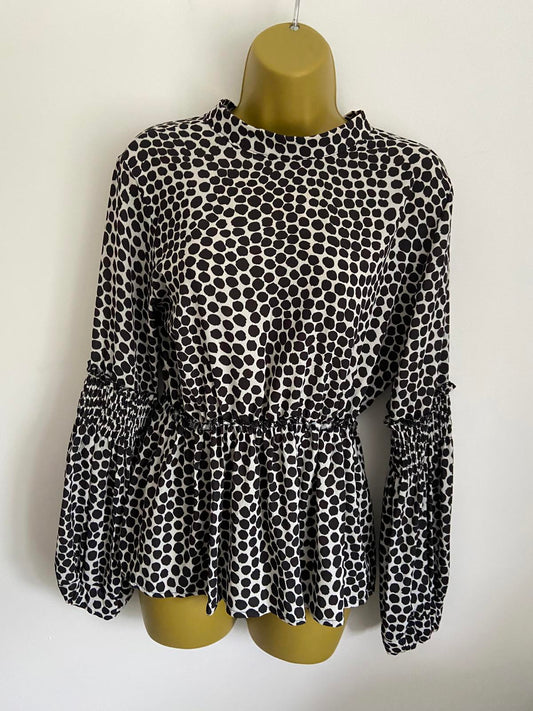 Boohoo Size 12 Black & White Polka Dot High Neck Blouse Long Puff Sleeve Top
