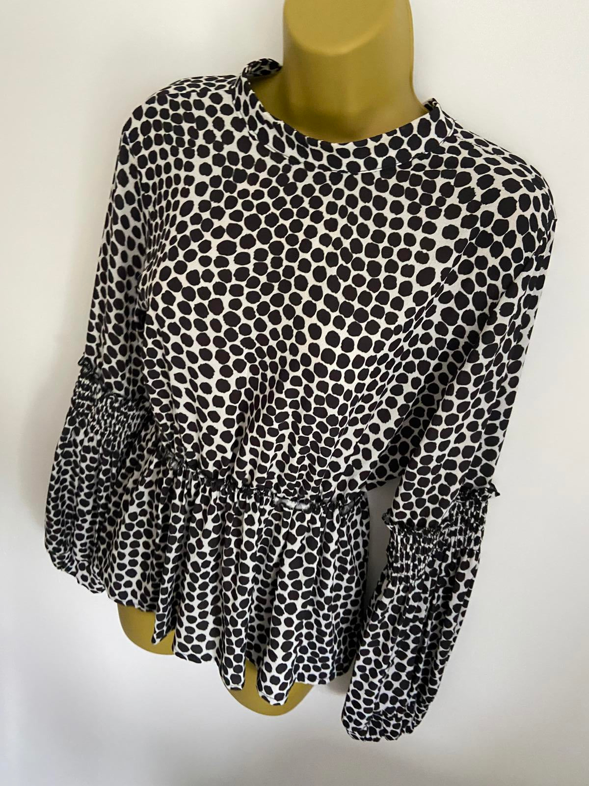 Boohoo Size 12 Black & White Polka Dot High Neck Blouse Long Puff Sleeve Top