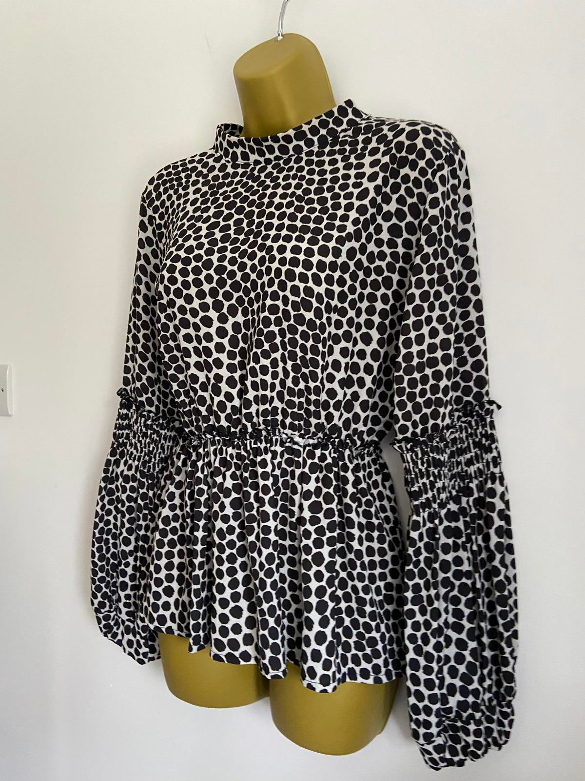 Boohoo Size 12 Black & White Polka Dot High Neck Blouse Long Puff Sleeve Top