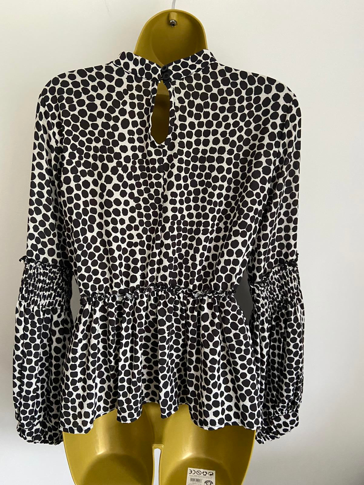 Boohoo Size 12 Black & White Polka Dot High Neck Blouse Long Puff Sleeve Top