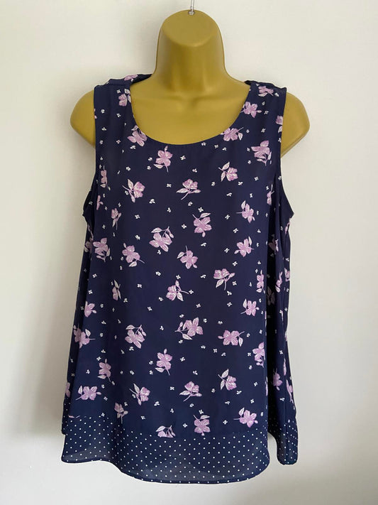 George Size 14 Navy Blue Purple Floral Sleeveless Blouse Polka Dot Trim Top