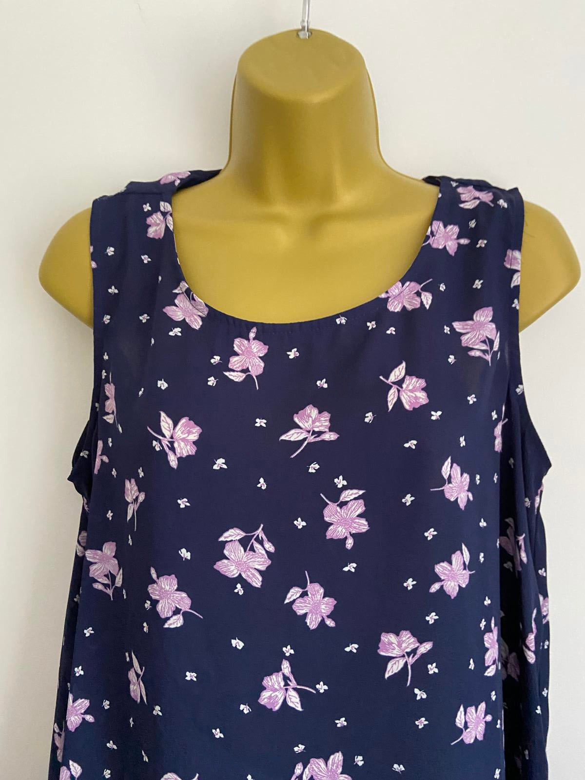George Size 14 Navy Blue Purple Floral Sleeveless Blouse Polka Dot Trim Top