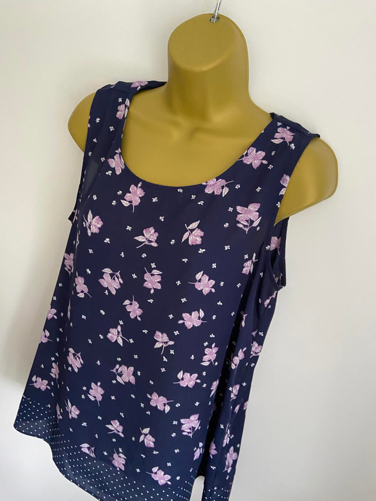 George Size 14 Navy Blue Purple Floral Sleeveless Blouse Polka Dot Trim Top