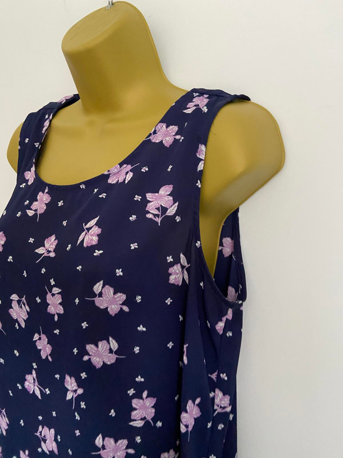 George Size 14 Navy Blue Purple Floral Sleeveless Blouse Polka Dot Trim Top