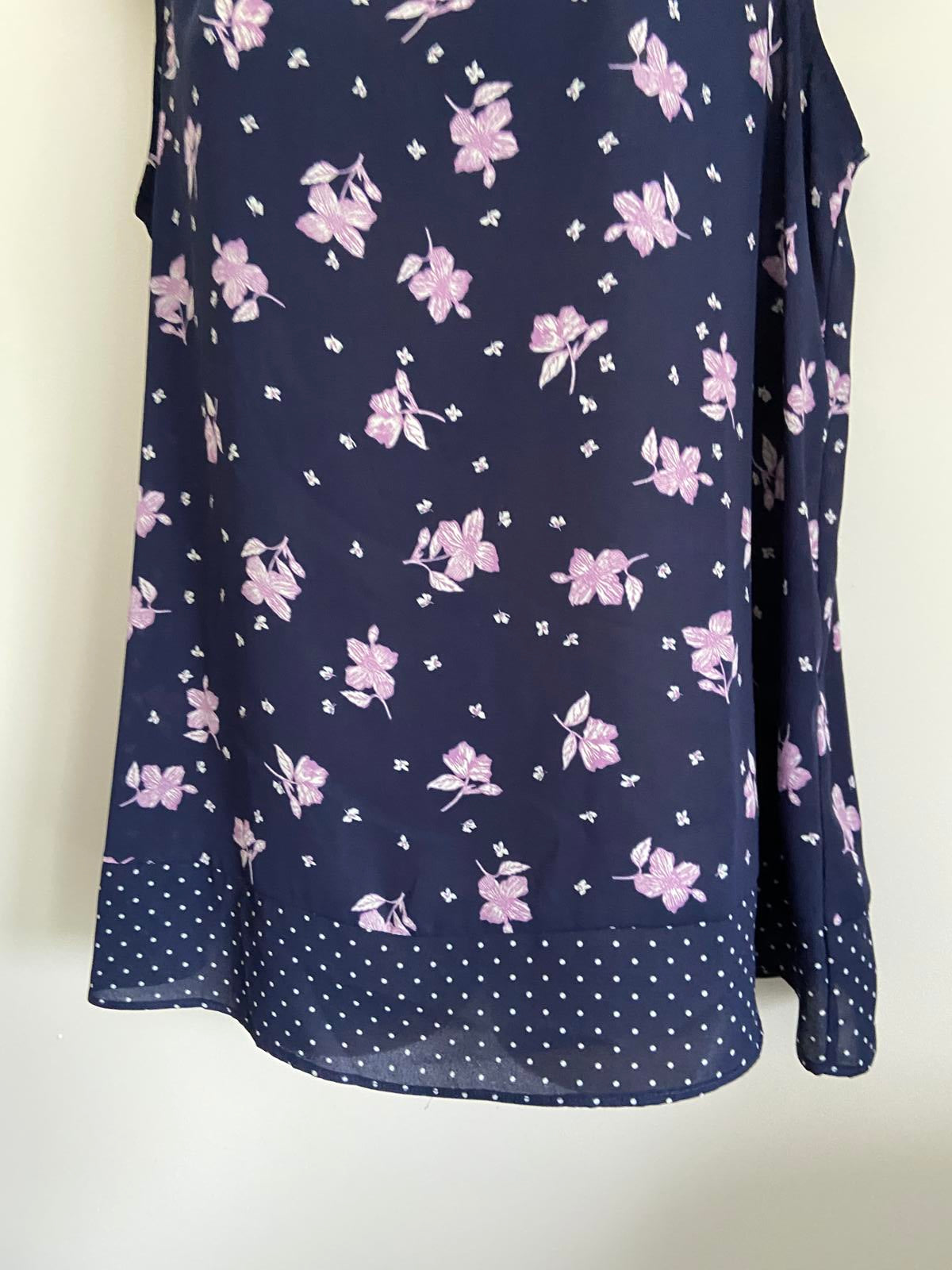 George Size 14 Navy Blue Purple Floral Sleeveless Blouse Polka Dot Trim Top