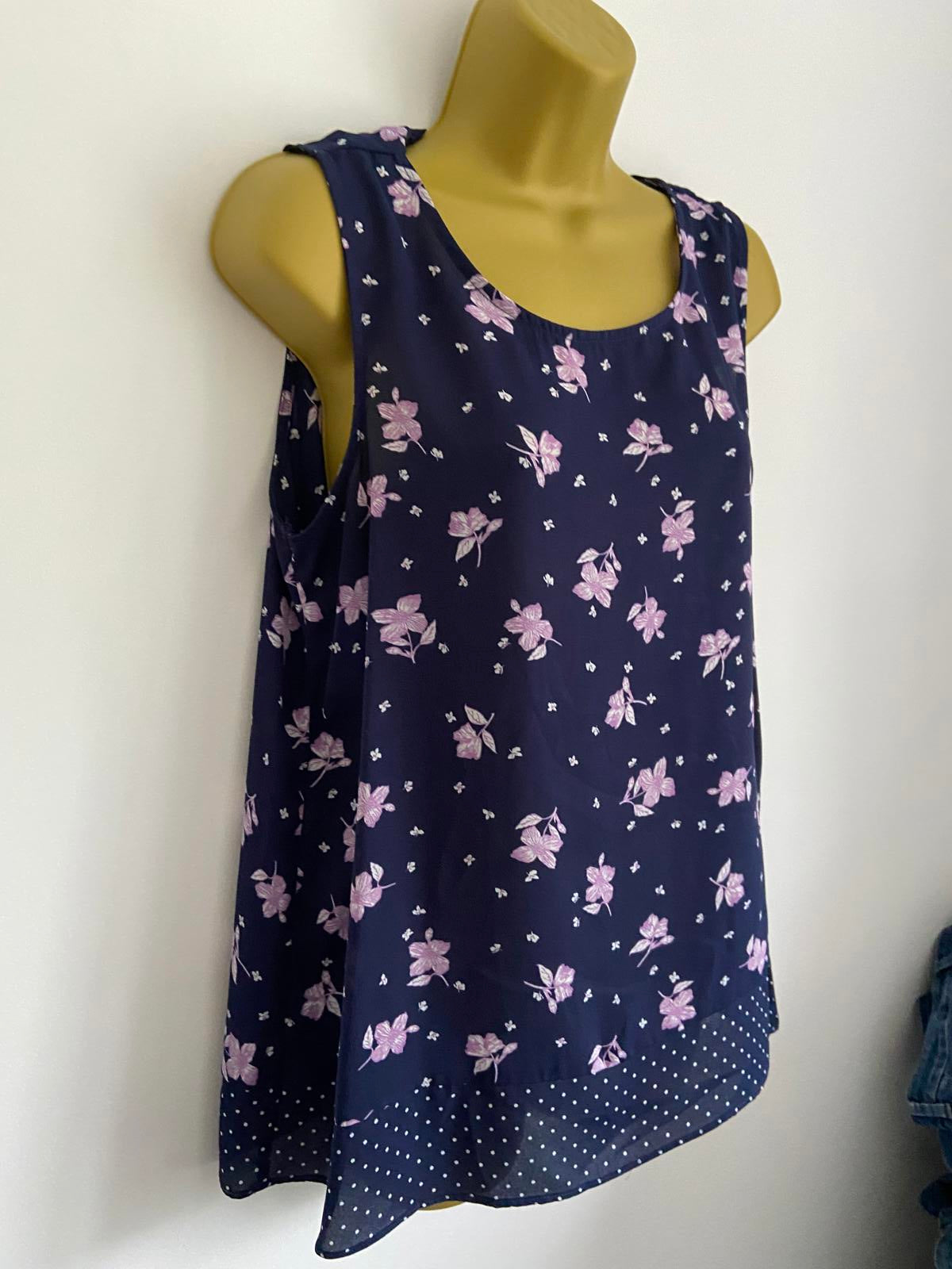 George Size 14 Navy Blue Purple Floral Sleeveless Blouse Polka Dot Trim Top