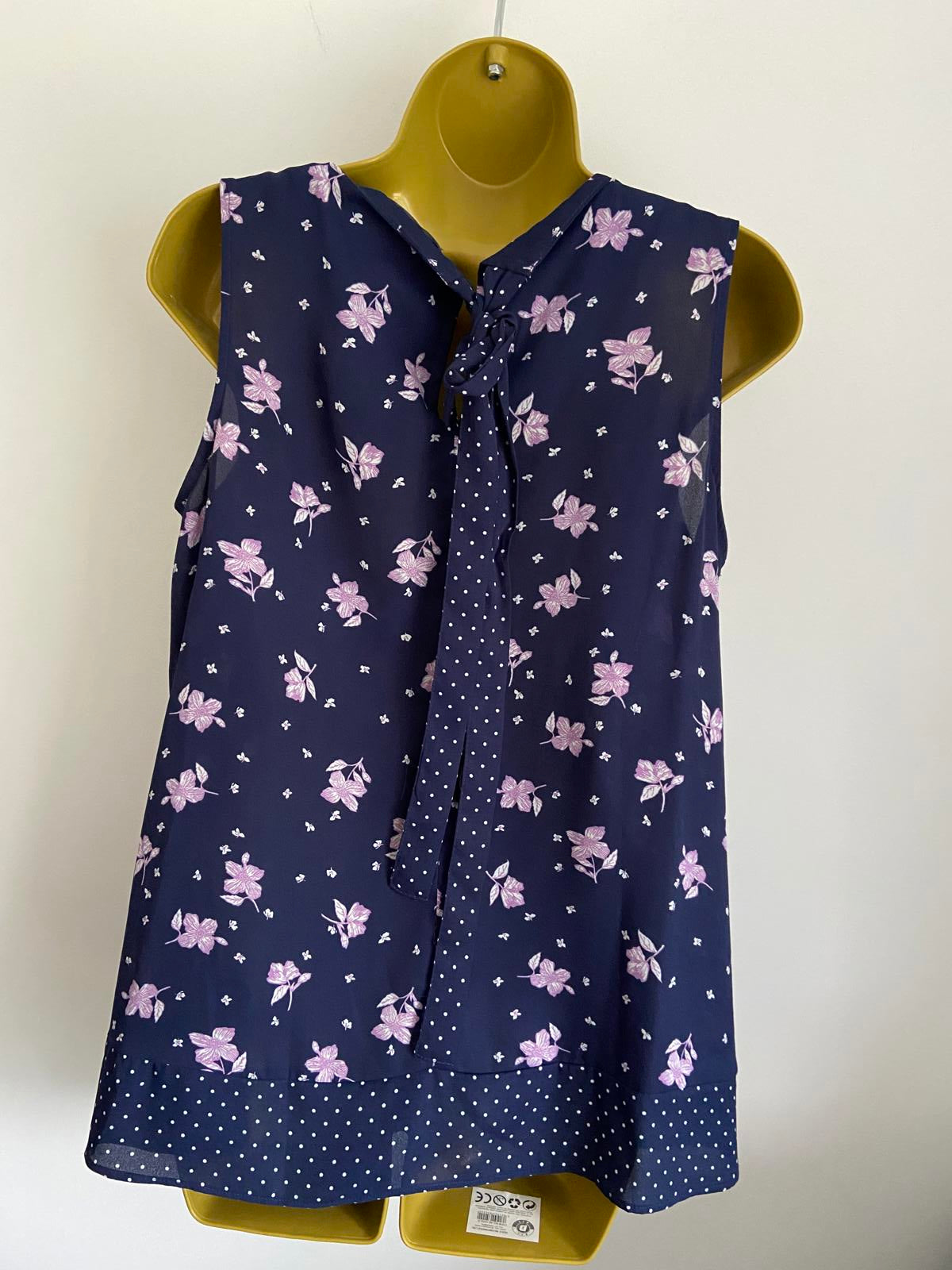 George Size 14 Navy Blue Purple Floral Sleeveless Blouse Polka Dot Trim Top