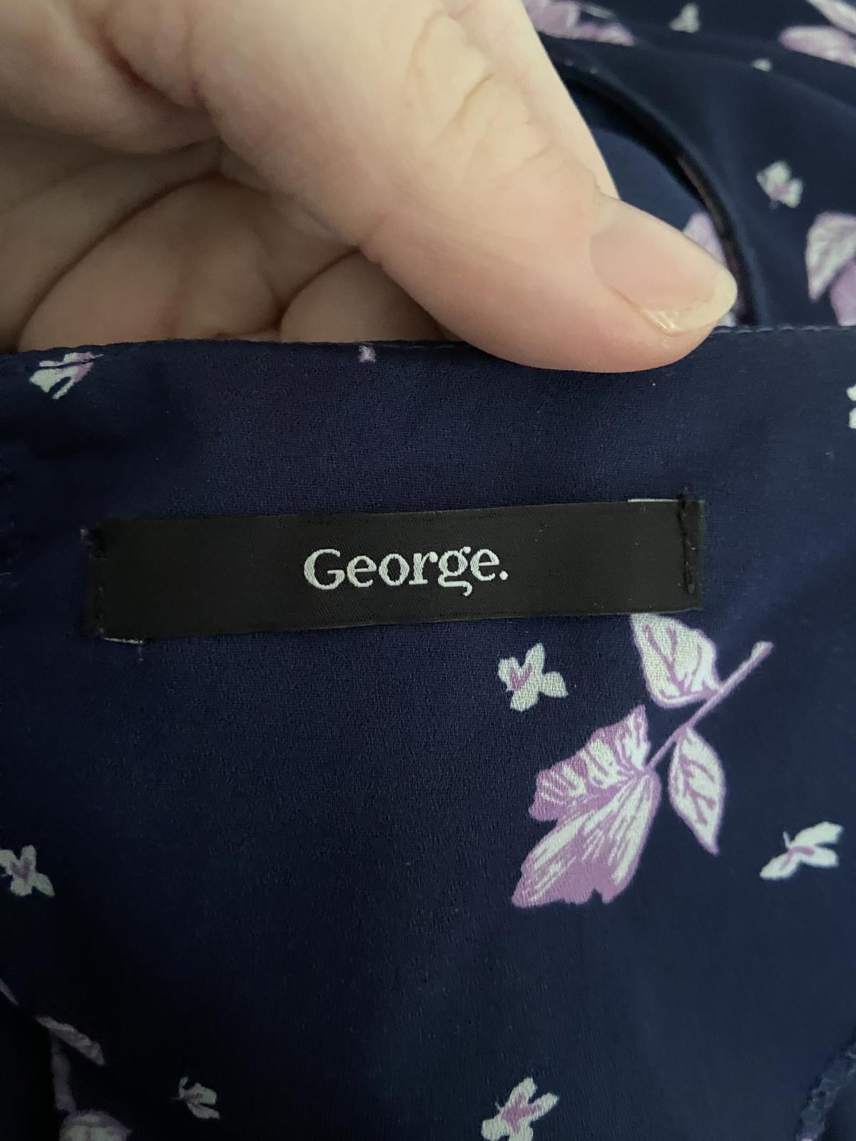 George Size 14 Navy Blue Purple Floral Sleeveless Blouse Polka Dot Trim Top