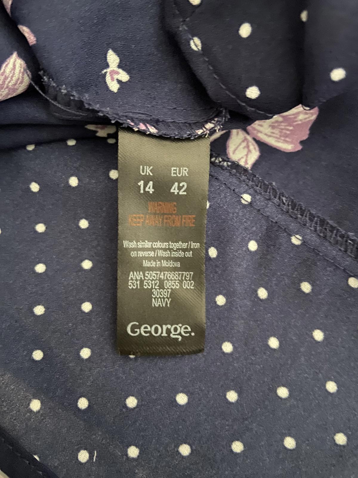 George Size 14 Navy Blue Purple Floral Sleeveless Blouse Polka Dot Trim Top