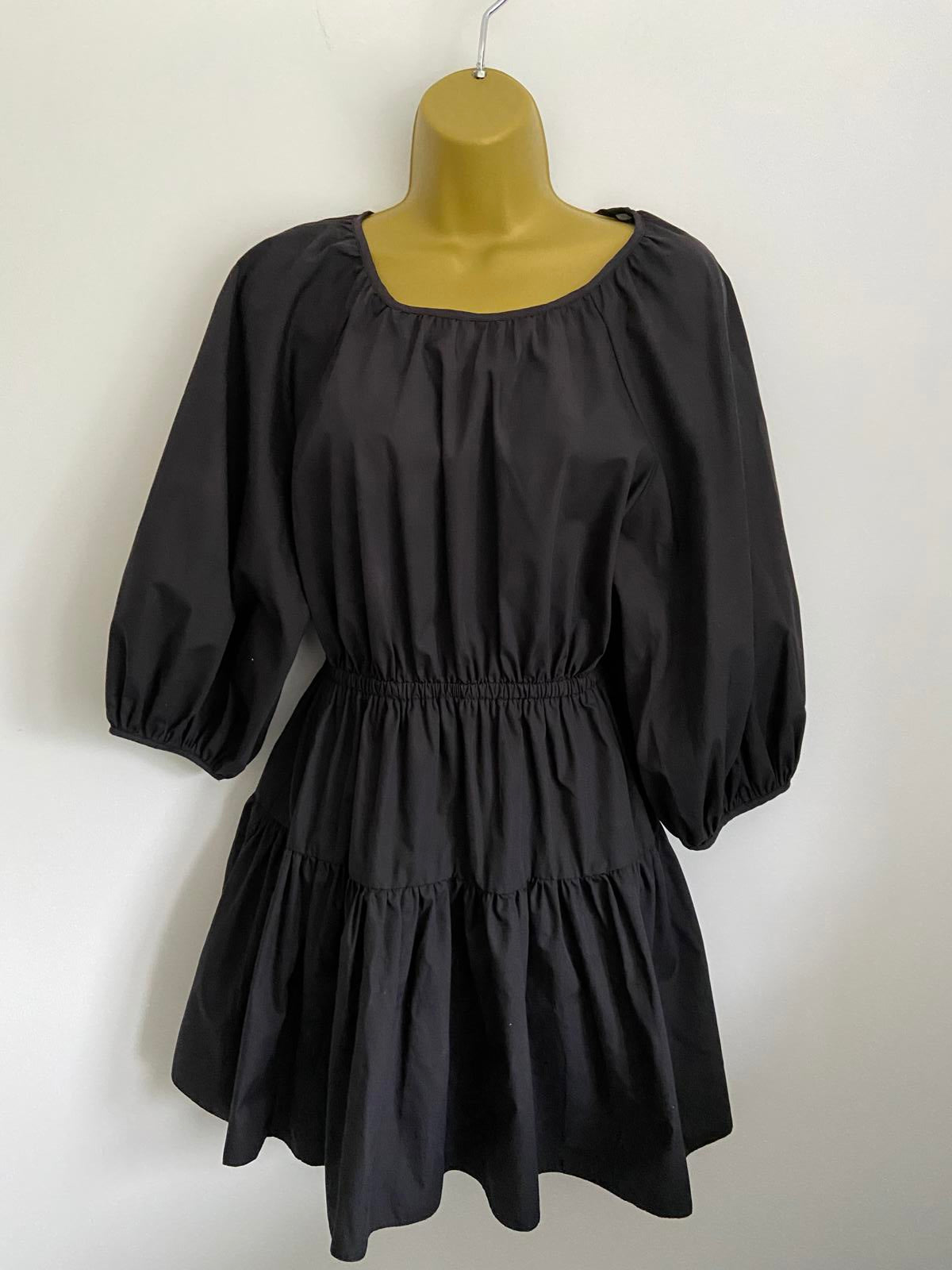Miss Selfridge Size 10 Black Open Back Tiered Mini Dress 3/4 Puff Sleeve