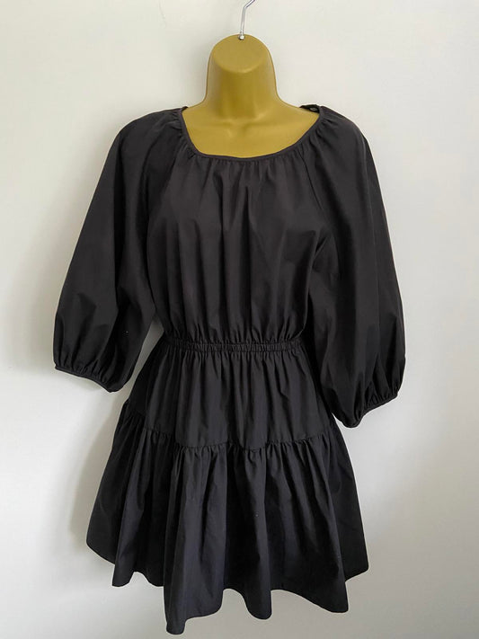 Miss Selfridge Size 10 Black Open Back Tiered Mini Dress 3/4 Puff Sleeve