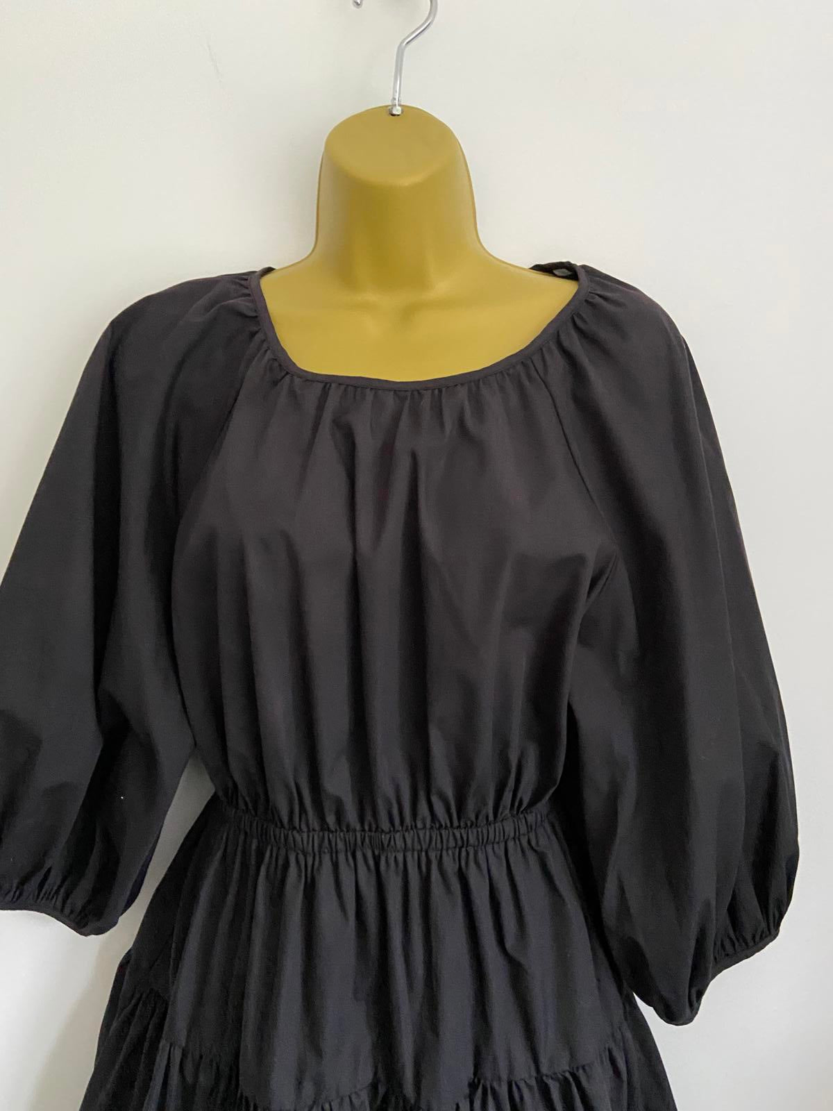 Miss Selfridge Size 10 Black Open Back Tiered Mini Dress 3/4 Puff Sleeve