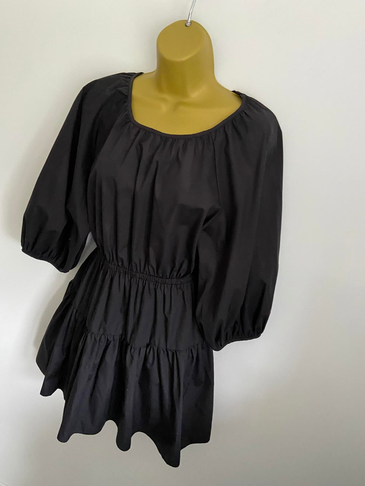 Miss Selfridge Size 10 Black Open Back Tiered Mini Dress 3/4 Puff Sleeve